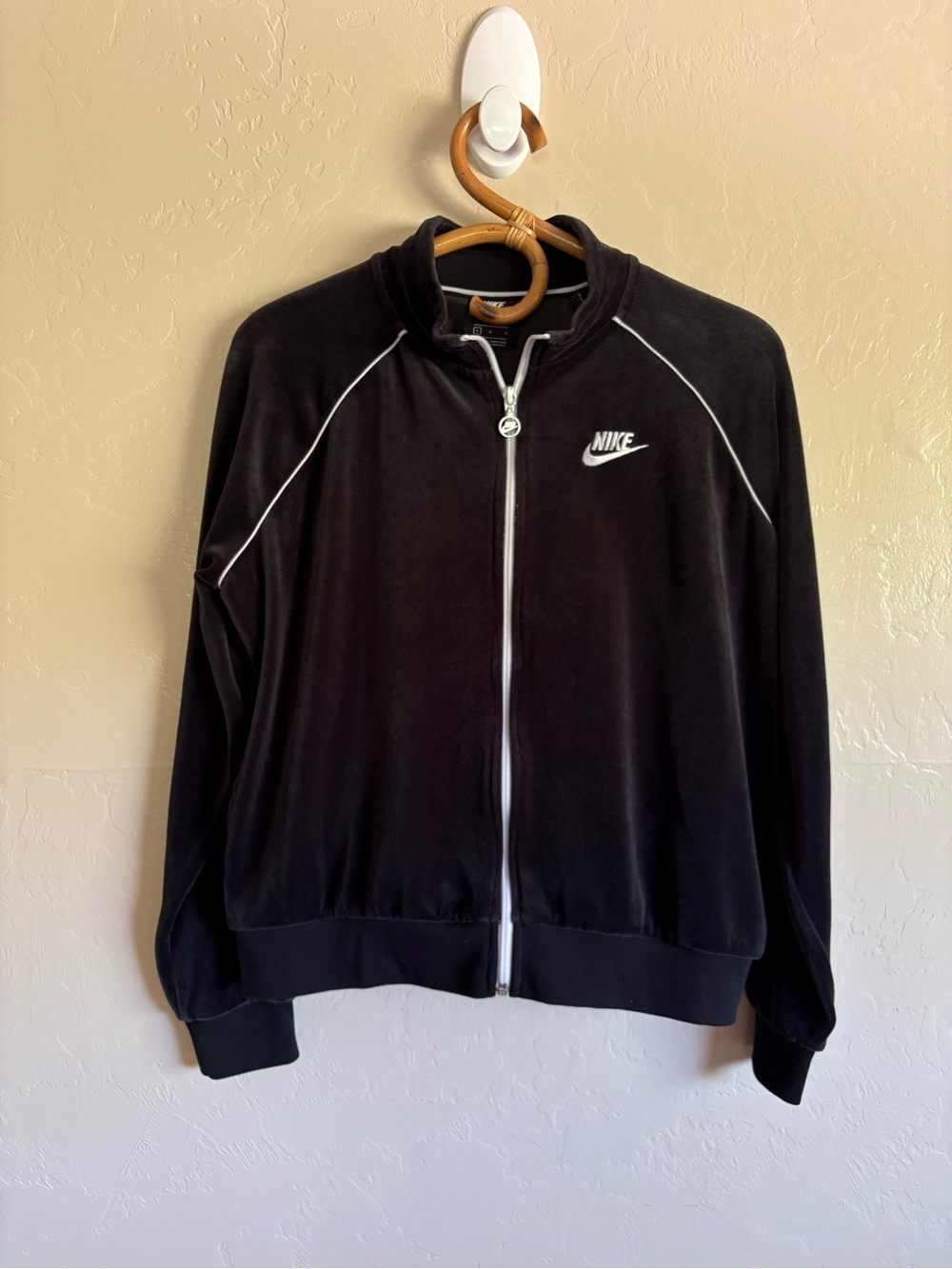 Nike Velvet Black White Zip Up Track Jacket Size Large Velour Retro Style